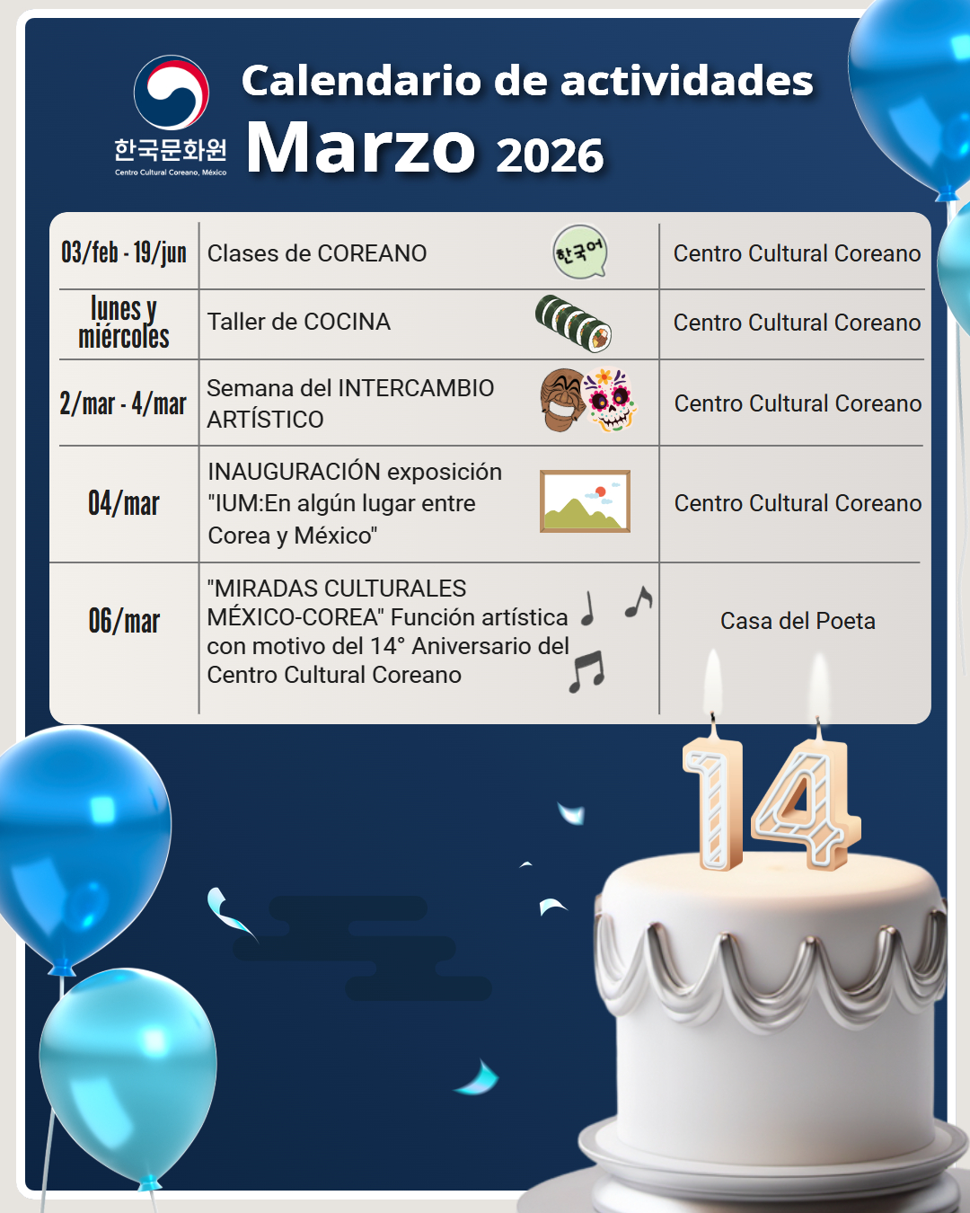 Calendario de actividades: marzo 2026