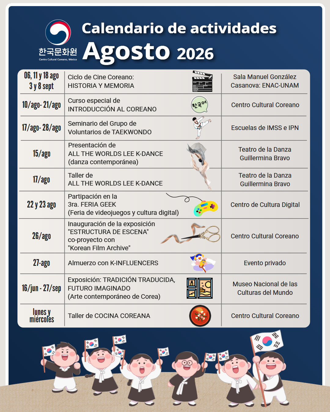 Calendario de actividades: agosto 2026