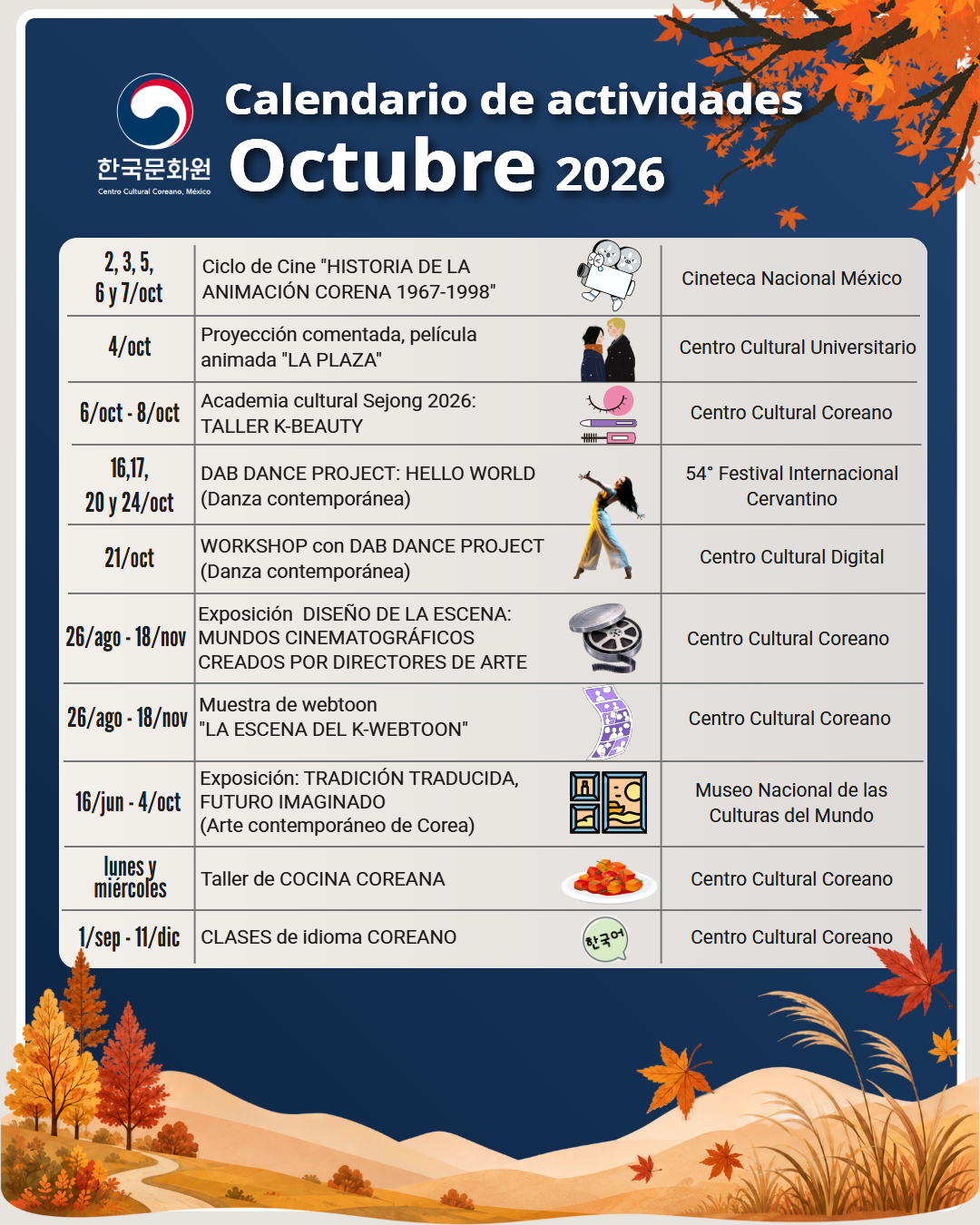 Calendario de actividades: octubre 2026